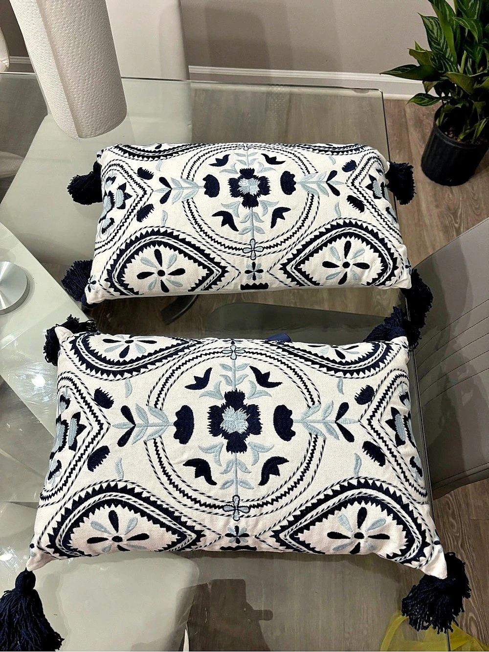 Modern Southern Home Embroidered Geometric Accent Pillows in White & Blue